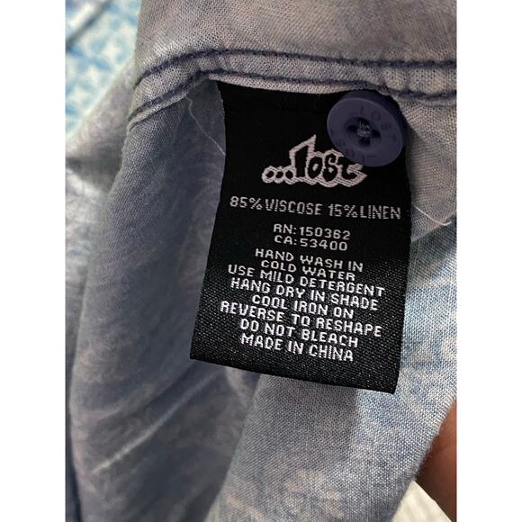 Lost Shirt Mens XL Blue Patchwork Denim Look Viscose/Linen Hawaiian Button Up - Picture 5 of 9